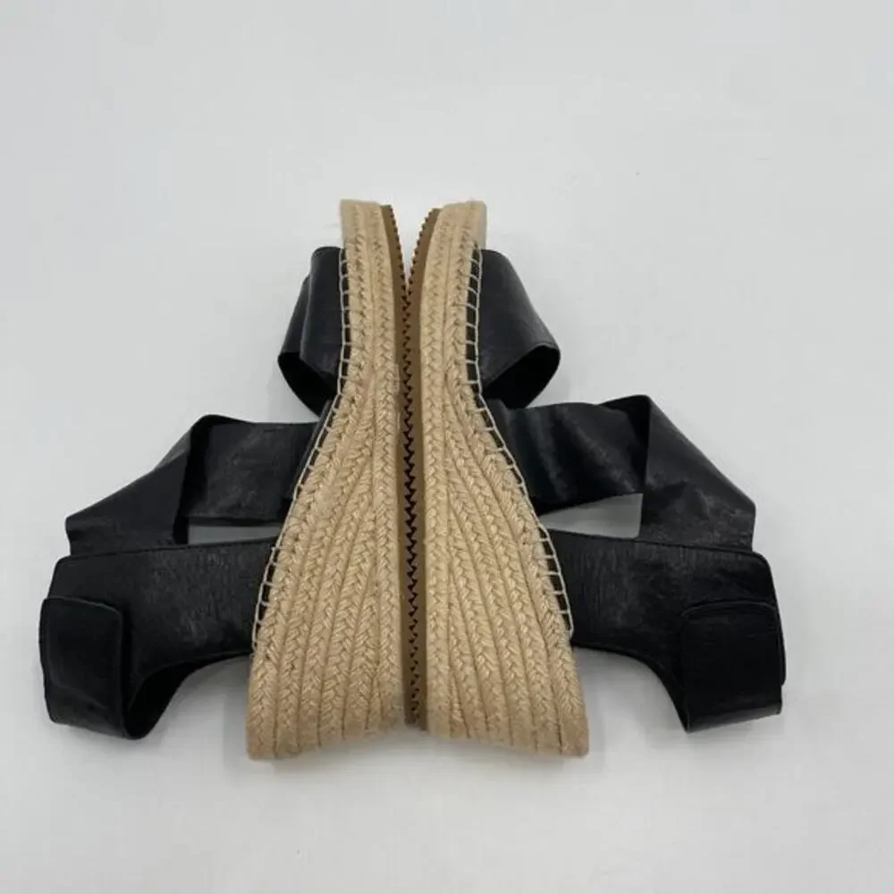 Eileen Fisher Black Leather Wrap Espadrille‎ Wedges